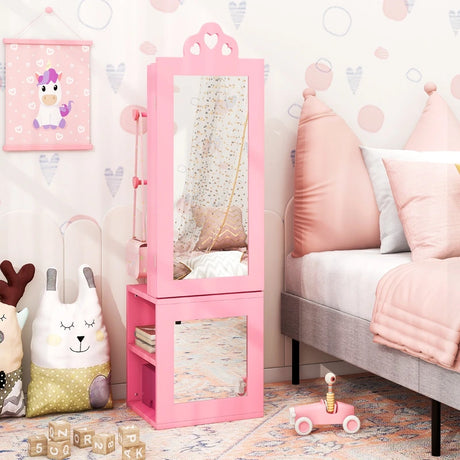 3-in-1 Freestanding Kids Jewelry Cabinet Armoire with Full Length Mirror-Pink