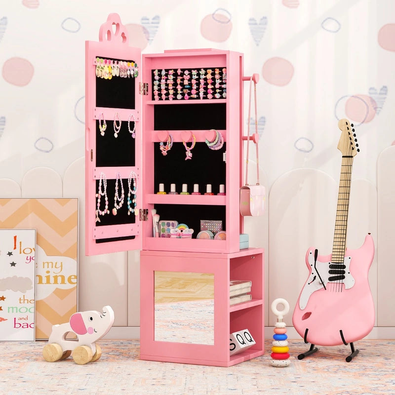 3-in-1 Freestanding Kids Jewelry Cabinet Armoire with Full Length Mirror-Pink