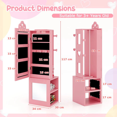 3-in-1 Freestanding Kids Jewelry Cabinet Armoire with Full Length Mirror-Pink