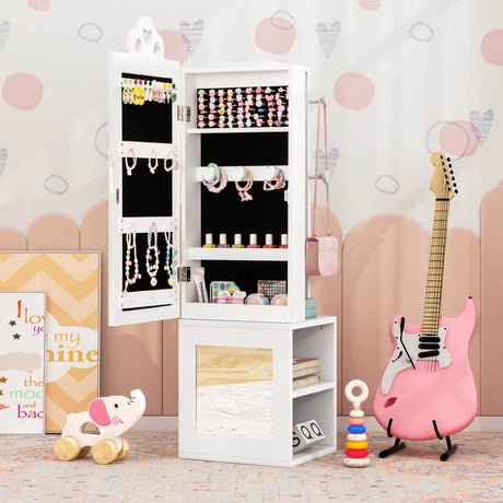 3-in-1 Freestanding Kids Jewelry Cabinet Armoire with Full Length Mirror-White