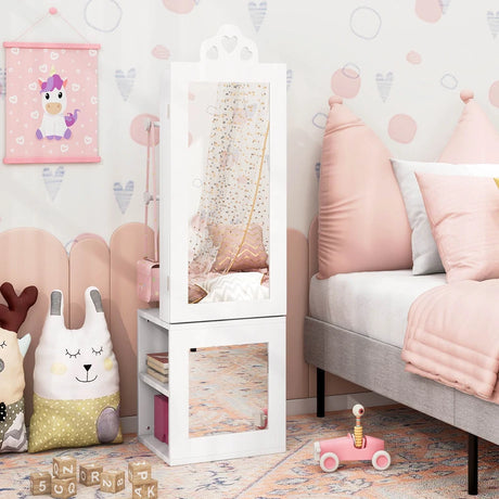 3-in-1 Freestanding Kids Jewelry Cabinet Armoire with Full Length Mirror-White