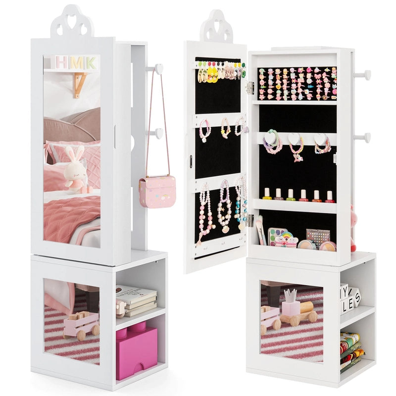 3-in-1 Freestanding Kids Jewelry Cabinet Armoire with Full Length Mirror-White
