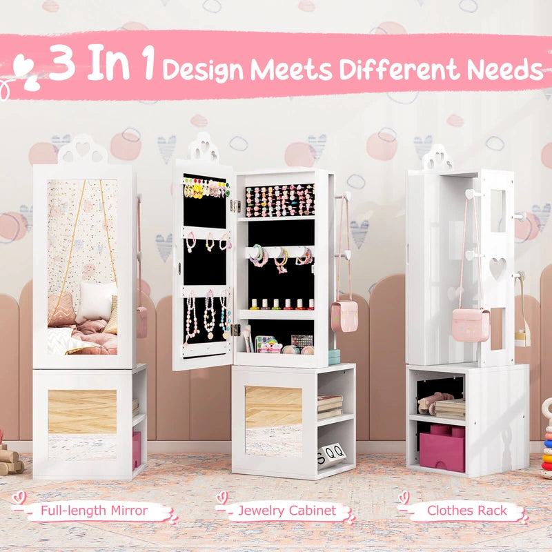 3-in-1 Freestanding Kids Jewelry Cabinet Armoire with Full Length Mirror-White