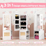 3-in-1 Freestanding Kids Jewelry Cabinet Armoire with Full Length Mirror-White