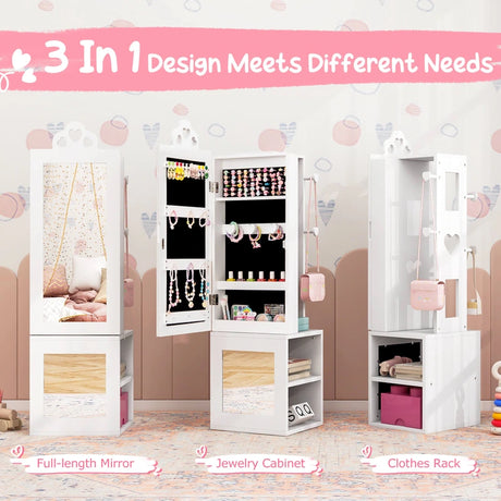 3-in-1 Freestanding Kids Jewelry Cabinet Armoire with Full Length Mirror-White