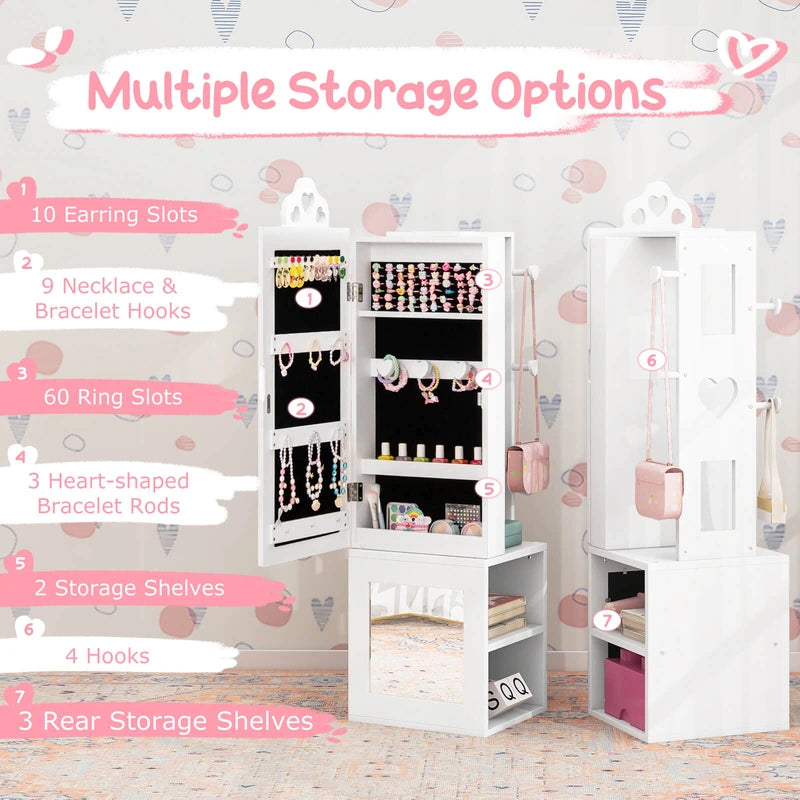 3-in-1 Freestanding Kids Jewelry Cabinet Armoire with Full Length Mirror-White