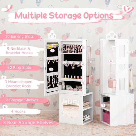 3-in-1 Freestanding Kids Jewelry Cabinet Armoire with Full Length Mirror-White