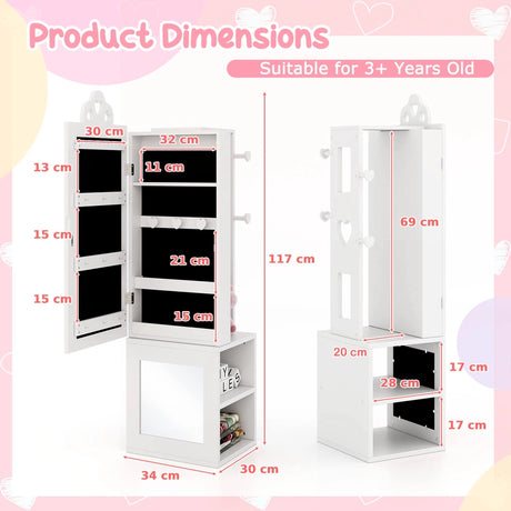 3-in-1 Freestanding Kids Jewelry Cabinet Armoire with Full Length Mirror-White