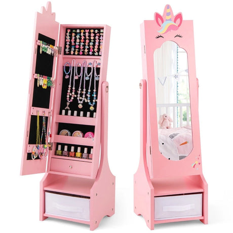 Kids Jewelry Cabinet with Full-Length Mirror for Kids Bedroom and Playroom-Pink