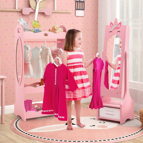 Kids Jewelry Cabinet with Full-Length Mirror for Kids Bedroom and Playroom-Pink