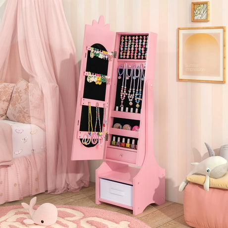 Kids Jewelry Cabinet with Full-Length Mirror for Kids Bedroom and Playroom-Pink