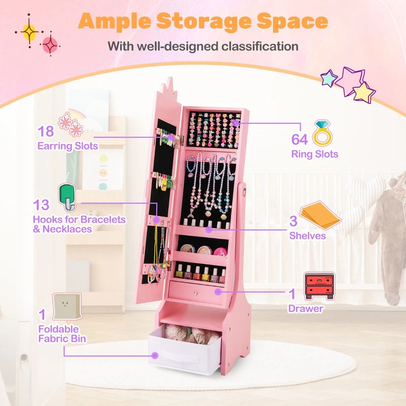 Kids Jewelry Cabinet with Full-Length Mirror for Kids Bedroom and Playroom-Pink