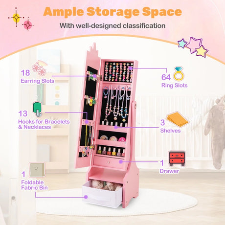 Kids Jewelry Cabinet with Full-Length Mirror for Kids Bedroom and Playroom-Pink