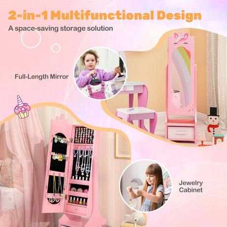 Kids Jewelry Cabinet with Full-Length Mirror for Kids Bedroom and Playroom-Pink