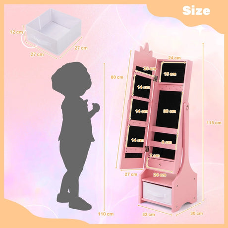 Kids Jewelry Cabinet with Full-Length Mirror for Kids Bedroom and Playroom-Pink
