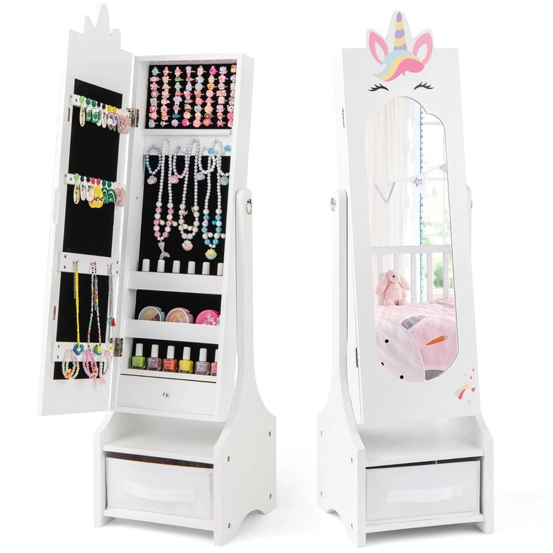 Kids Jewelry Cabinet with Full-Length Mirror for Kids Bedroom and Playroom-White