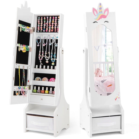 Kids Jewelry Cabinet with Full-Length Mirror for Kids Bedroom and Playroom-White
