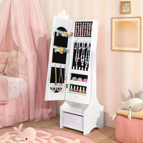 Kids Jewelry Cabinet with Full-Length Mirror for Kids Bedroom and Playroom-White