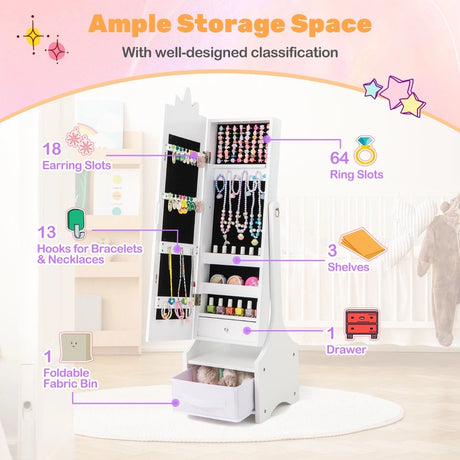 Kids Jewelry Cabinet with Full-Length Mirror for Kids Bedroom and Playroom-White
