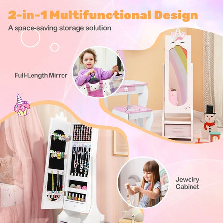Kids Jewelry Cabinet with Full-Length Mirror for Kids Bedroom and Playroom-White