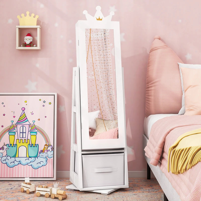 Kids Jewelry Armoire Cabinet with Large Storage Capacity and Swivel Base-White