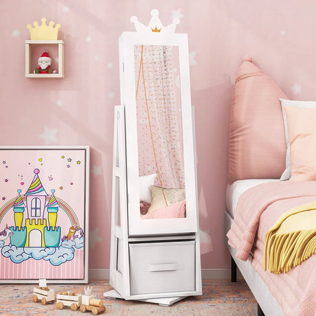 Kids Jewelry Armoire Cabinet with Large Storage Capacity and Swivel Base-White