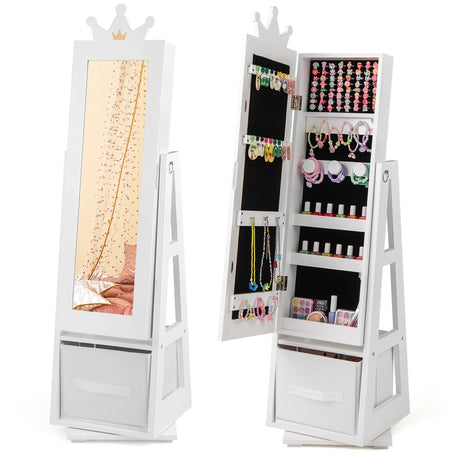 Kids Jewelry Armoire Cabinet with Large Storage Capacity and Swivel Base-White