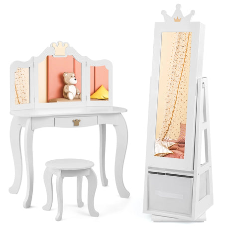Kids Jewelry Armoire Cabinet with Large Storage Capacity and Swivel Base-White