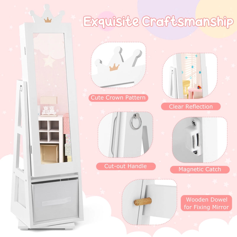 Kids Jewelry Armoire Cabinet with Large Storage Capacity and Swivel Base-White