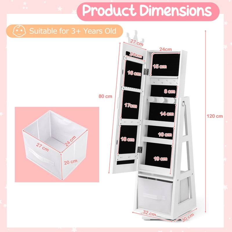Kids Jewelry Armoire Cabinet with Large Storage Capacity and Swivel Base-White