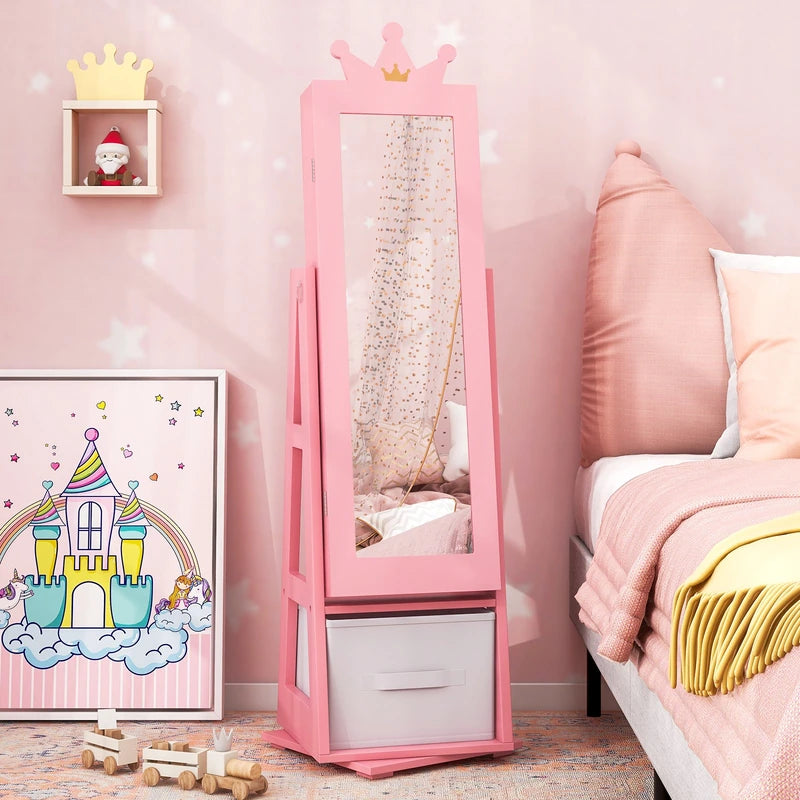 Kids Jewelry Armoire Cabinet with Large Storage Capacity and Swivel Base-Pink