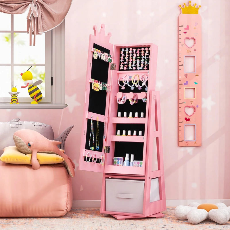 Kids Jewelry Armoire Cabinet with Large Storage Capacity and Swivel Base-Pink