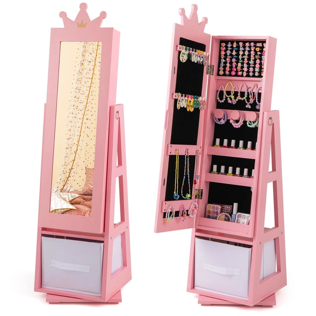 Kids Jewelry Armoire Cabinet with Large Storage Capacity and Swivel Base-Pink