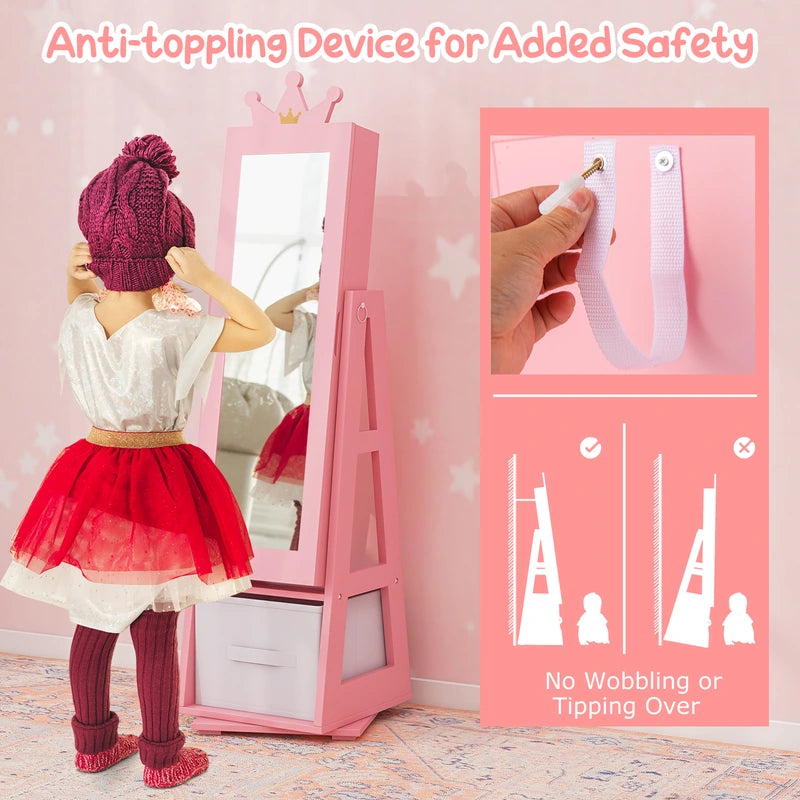 Kids Jewelry Armoire Cabinet with Large Storage Capacity and Swivel Base-Pink
