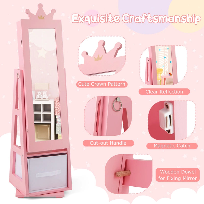 Kids Jewelry Armoire Cabinet with Large Storage Capacity and Swivel Base-Pink