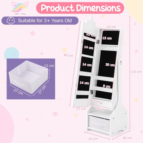 Kids Jewelry Cabinet with Full-Length Mirror for Kids Bedroom and Playroom-White