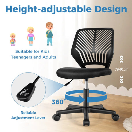 Height-adjustable Kids Mesh Ergonomic Desk Chair with Universal Casters-Black