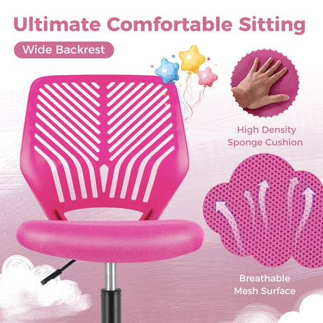 Height-adjustable Kids Mesh Ergonomic Desk Chair with Universal Casters-Pink
