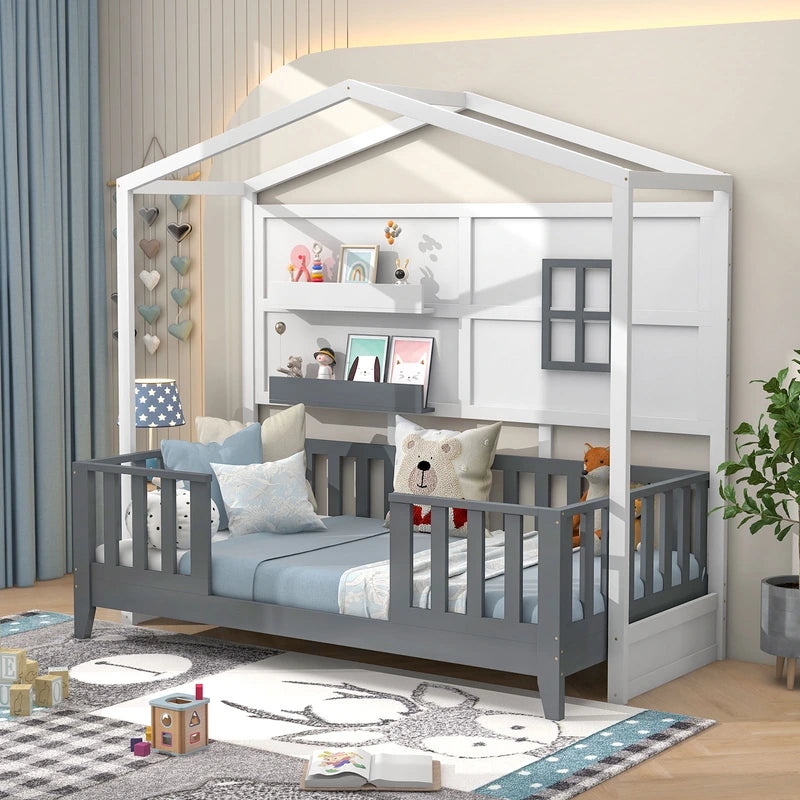 Kids Montessori Wood House Bed Bed with 2 Shelves and Guardrails-Gray &amp; White-Single Size