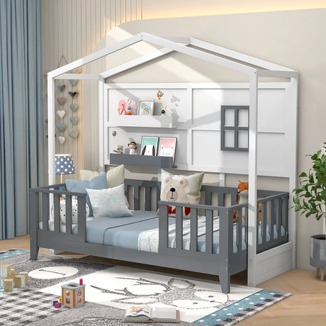 Kids Montessori Wood House Bed Bed with 2 Shelves and Guardrails-Gray &amp; White-Single Size