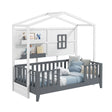 Kids Montessori Wood House Bed Bed with 2 Shelves and Guardrails-Gray &amp; White-Single Size