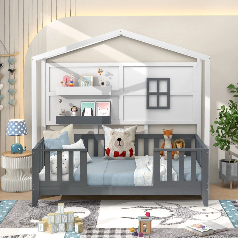 Kids Montessori Wood House Bed Bed with 2 Shelves and Guardrails-Gray &amp; White-Single Size