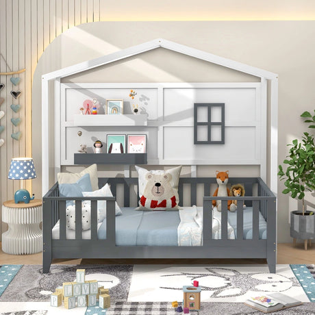 Kids Montessori Wood House Bed Bed with 2 Shelves and Guardrails-Gray &amp; White-Single Size