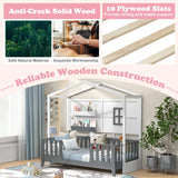 Kids Montessori Wood House Bed Bed with 2 Shelves and Guardrails-Gray &amp; White-Single Size