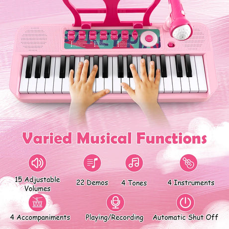 Kids Piano Keyboard 37-Key Kids Toy Keyboard Piano with Microphone for 3+ Kids-Pink