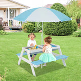 3-in-1 Kids Outdoor Picnic Water Sand Table with Umbrella Play Boxes-Blue