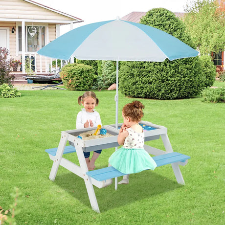 3-in-1 Kids Outdoor Picnic Water Sand Table with Umbrella Play Boxes-Blue
