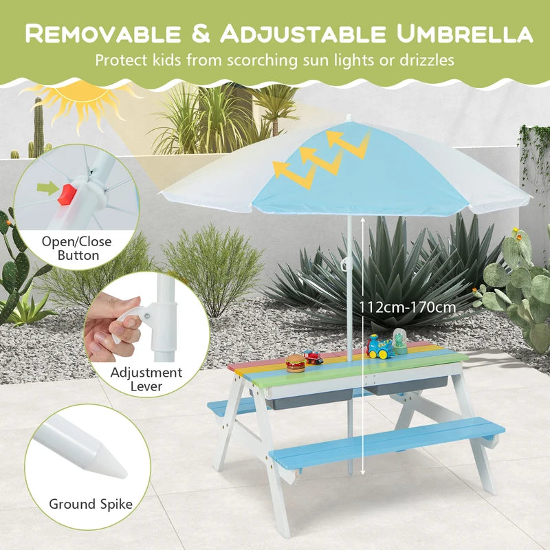3-in-1 Kids Outdoor Picnic Water Sand Table with Umbrella Play Boxes-Blue