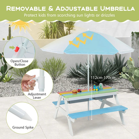 3-in-1 Kids Outdoor Picnic Water Sand Table with Umbrella Play Boxes-Blue