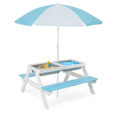 3-in-1 Kids Outdoor Picnic Water Sand Table with Umbrella Play Boxes-Blue
